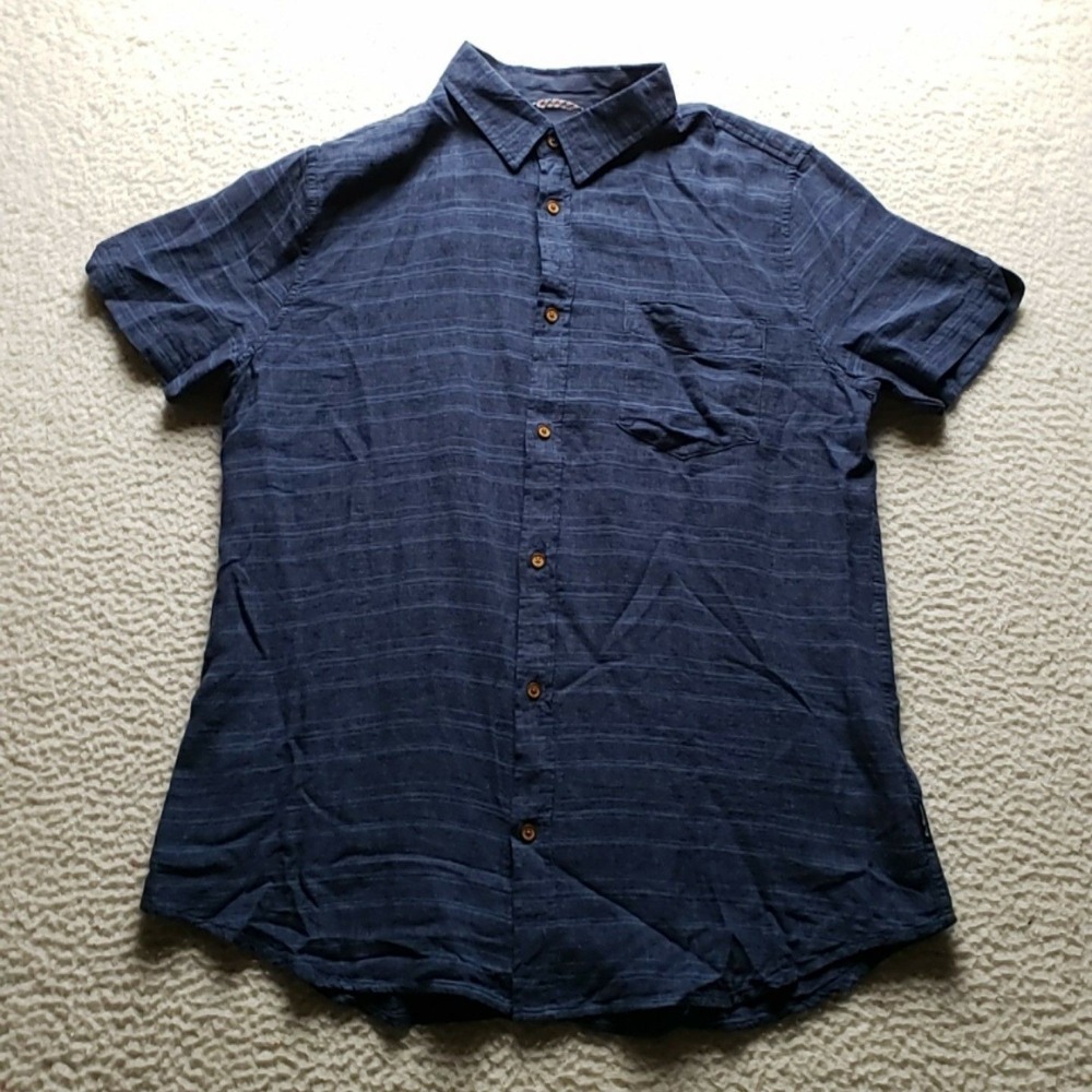 Ben Sherman Shirt Mens Large Blue Stripe Linen Rayon Short Sleeve Button-Up